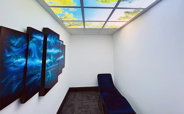 Our Resting Metabolic Rate room, complete with comfortable chaise lounge and outdoor effect ceiling